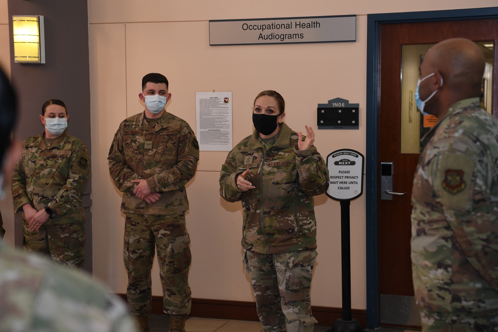 U.S. Air Force Chief Master Sgt. Amy Riley, 621st Contingency Response Wing command chief, center, speaks to Airmen from the 87th Medical Group March 15, 2021, at Joint Base McGuire-Dix-Lakehurst, New Jersey. Riley thanked the Airmen for their outstanding support and dedication to all Devil Raiders. (U.S. Air Force photo by Tech. Sgt. Luther Mitchell Jr.)