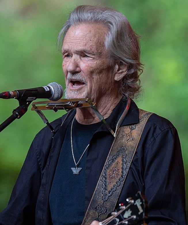 A singer with a guitar and standing at a microphone sings