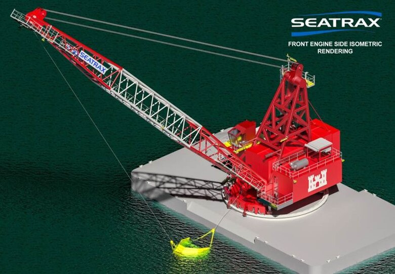 IN THE PHOTO, as discussed by the Channel Improvement Team, this graphic demonstrates the future of Memphis District bank grading. The goal is to have this new dragline machine in service in fiscal year 2022. Modernization of the Bank Grading Unit and “Armor One,” a new Mat Sinking Unit (MSU), now under development by the U.S. Army Corps of Engineers, will help recapitalize the river revetment program. Among its many assets, the new MSU promises be more efficient and cost effective, and provide a safer working environment for its crew.