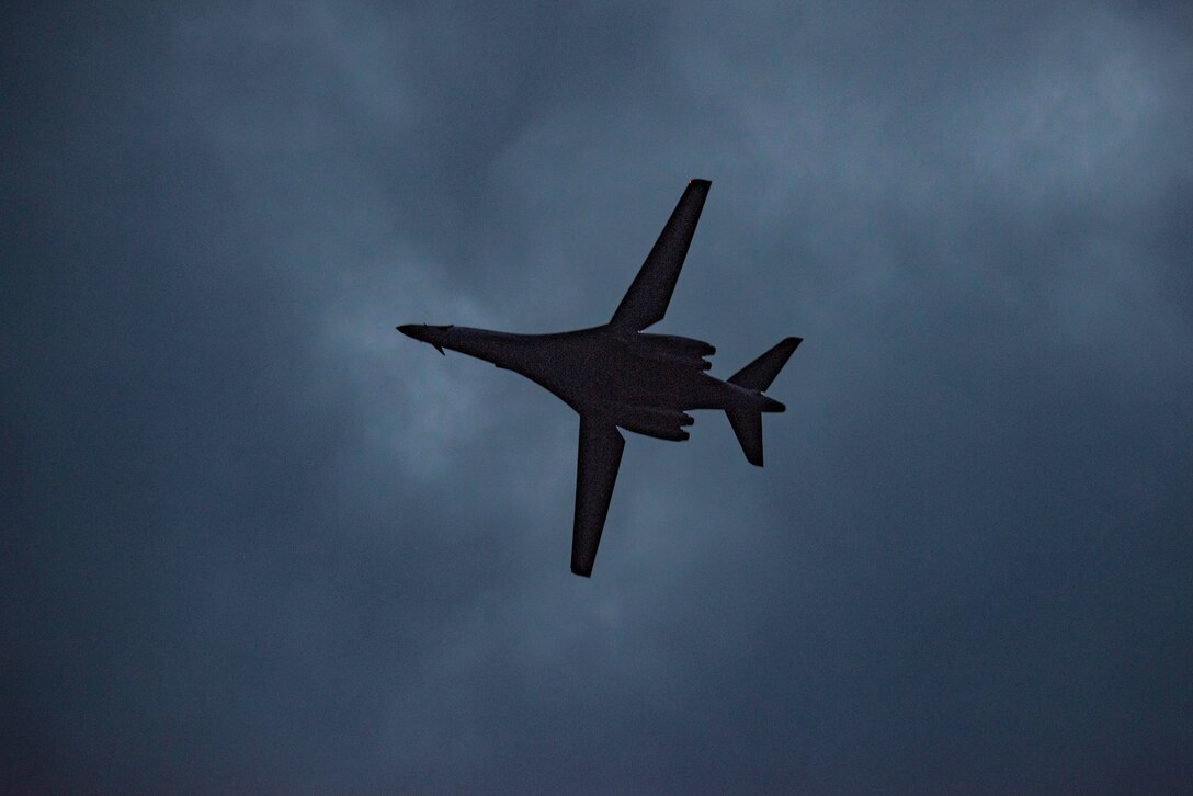A B-1B Lancer assigned to the 9th Expeditionary Bomb Squadron prepares to land at Ørland Air Force Station, Norway, March 12, 2021. The B-1 aircrew conducted the first ever B-1 hot-pit refueling in Europe at  Powidz Air Base, Poland. (U.S. Air Force photo by Airman 1st Class Colin Hollowell)