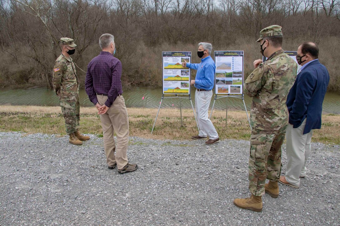 IN THE PHOTOS, St. Francis Levee District Partner Rob Rash, Project Manager Jason Dickard, and Geotechnical Branch Chief Cory Williams brief USACE’s Deputy Commanding General for Civil and Emergency Operations, Maj. Gen. William (Butch) H. Graham and Senior Official Performing the Duties of the Assistant Secretary of Army (Civil Works), Mr. Vance Stewart on the importance of the Mississippi River and Tributaries Project, as well as the role the St. Francis Levee District plays in that project and keeping America safe from flood events. (USACE photos by Vance Harris)