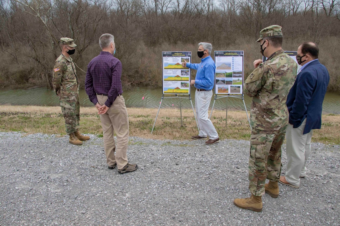 IN THE PHOTOS, St. Francis Levee District Partner Rob Rash, Project Manager Jason Dickard, and Geotechnical Branch Chief Cory Williams brief USACE’s Deputy Commanding General for Civil and Emergency Operations, Maj. Gen. William (Butch) H. Graham and Senior Official Performing the Duties of the Assistant Secretary of Army (Civil Works), Mr. Vance Stewart on the importance of the Mississippi River and Tributaries Project, as well as the role the St. Francis Levee District plays in that project and keeping America safe from flood events. (USACE photos by Vance Harris)