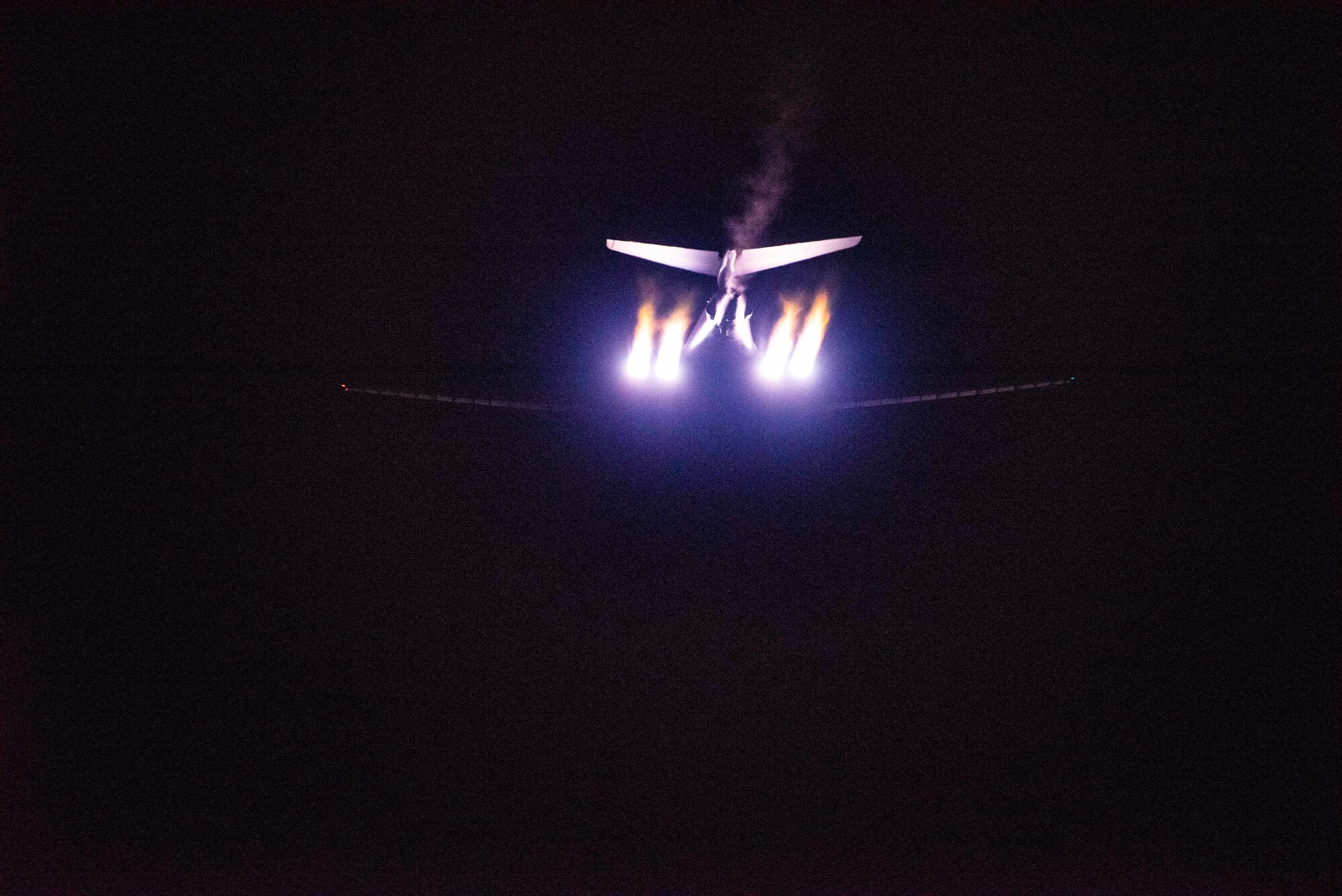 A B-1B Lancer assigned to the 9th Expeditionary Bomb Squadron takes off from Ørland Air Force Station, Norway, March 12, 2021. During Spring Spear, a Bomber Task Force Europe training mission, two B-1s flew to the Setermoen range in Northern Norway where the aircrew conducted a series of simulated bomb runs. (U.S. Air Force photo by Airman 1st Class Colin Hollowell)