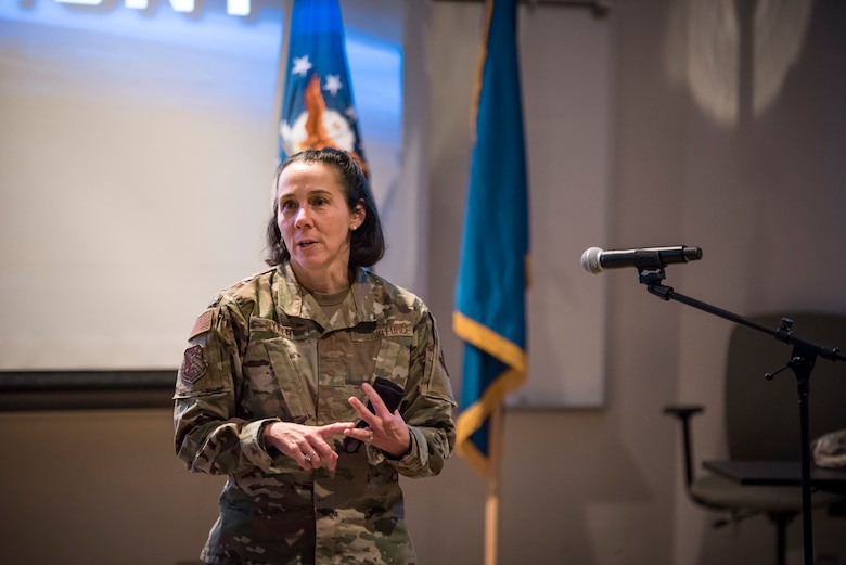Brig. Gen. Jeannine Ryder, Commander, 711th Human Performance Wing, speaks at a Commander’s Call where she delivers information to Wing personnel about goals, initiatives and successes, and presents quarterly awards. The 711HPW is part of the Air Force Research Laboratory. (U.S. Air Force photo/Richard Eldridge)
