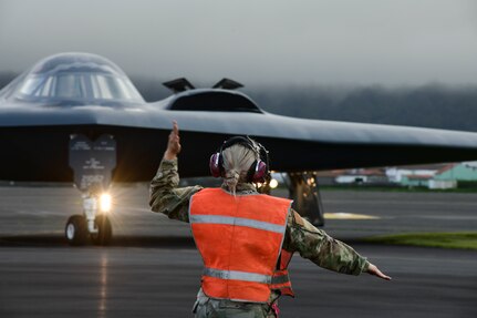 Three B-2 Spirit stealth bombers, assigned to Whiteman Air Force Base, Missouri, depart Lajes Field Air Force Base, Azores, March 16, 2021. The B-2s refueled at Lajes prior to  supporting bomber task force missions in the Arctic region. (U.S. Air Force photo by Tech. Sgt. Heather Salazar)