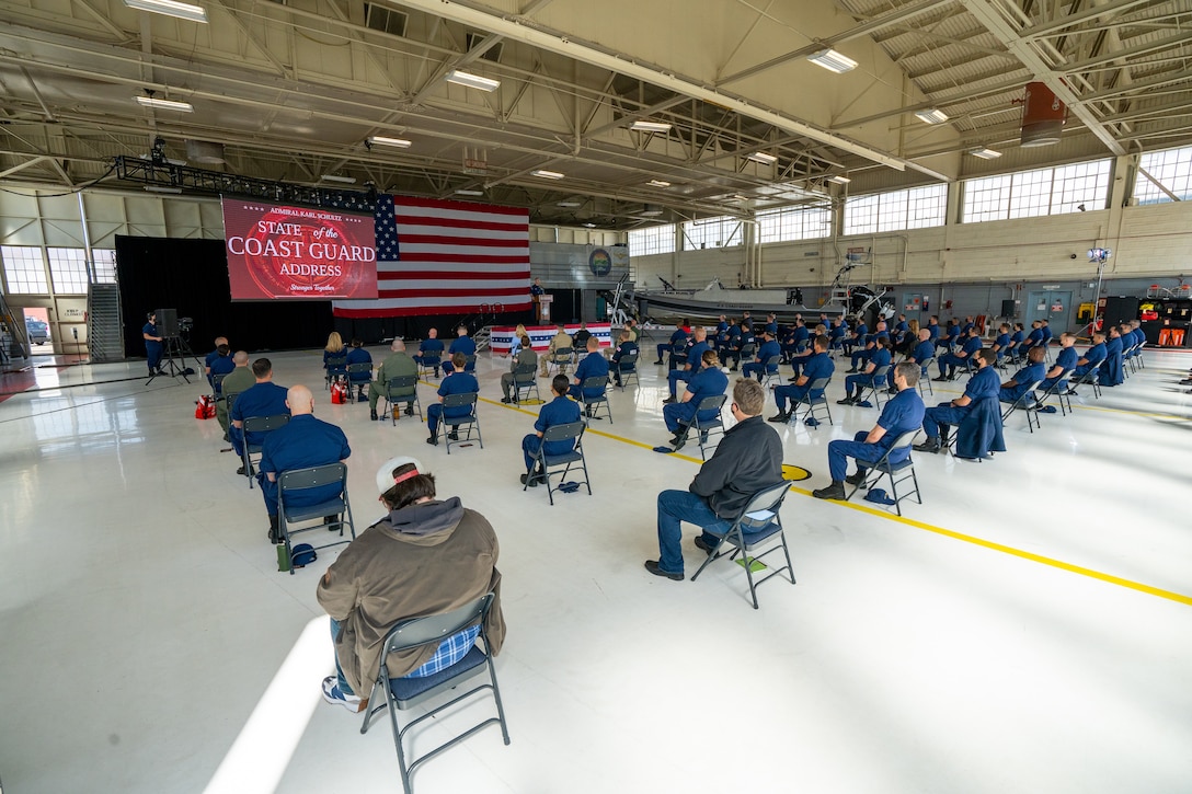 Adm. Karl Schultz, the commandant of the Coast Guard, speaks during the 2021 State of the Coast Guard Address in San Diego March 11, 2021. During the annual address, Schultz reflected on the organization’s successes over the past year and outlined the shared vision for the future of the Coast Guard.(U.S. Coast Guard photo by Petty Officer 2nd Class Travis Magee/Released)