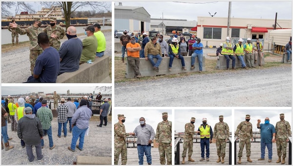 IN THE PHOTOS, The U.S. Army Corps of Engineers Deputy Commanding General for Civil and Emergency Operations, Maj. Gen. William (Butch) Graham and the Senior Official Performing the Duties of the Assistant Secretary of Army (Civil Works), Vance Stewart, visited the Memphis District last week. While there, they had the opportunity to welcome home and congratulate the Revetment Team after completing one of the district's longest seasons in history. Here, the units gather for a ‘welcome home’ brief. Additionally, representatives of each unit are coined for a job well done. (USACE photos by Vance Harris)