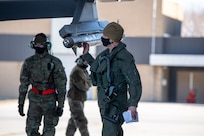 Maj. Howard “Cash” Shaner, F-35A Lightning II pilot assigned to the 134th Fighter Squadron, Vermont Air National Guard, performs a routine pre-flight inspection at the Vermont Air National Guard base, South Burlington, Vermont, March 12, 2021. Shaner is the first ever Air National Guard F-35 pilot to graduate from the highly competitive U.S. Air Force Weapons School. (U.S. Air National Guard photo by Mrs. Julie M. Paroline)