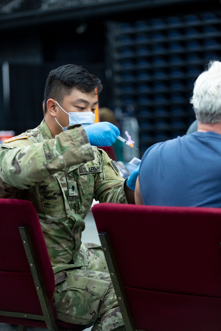 Members of the Oklahoma National Guard assist with COVID-19 vaccinations across the state. The Oklahoma National Guard continues working alongside Oklahoma State Department of Health partners throughout the state in the fight against COVID-19. (Oklahoma National Guard photo by Sgt. Jordan Sivayavirojna)