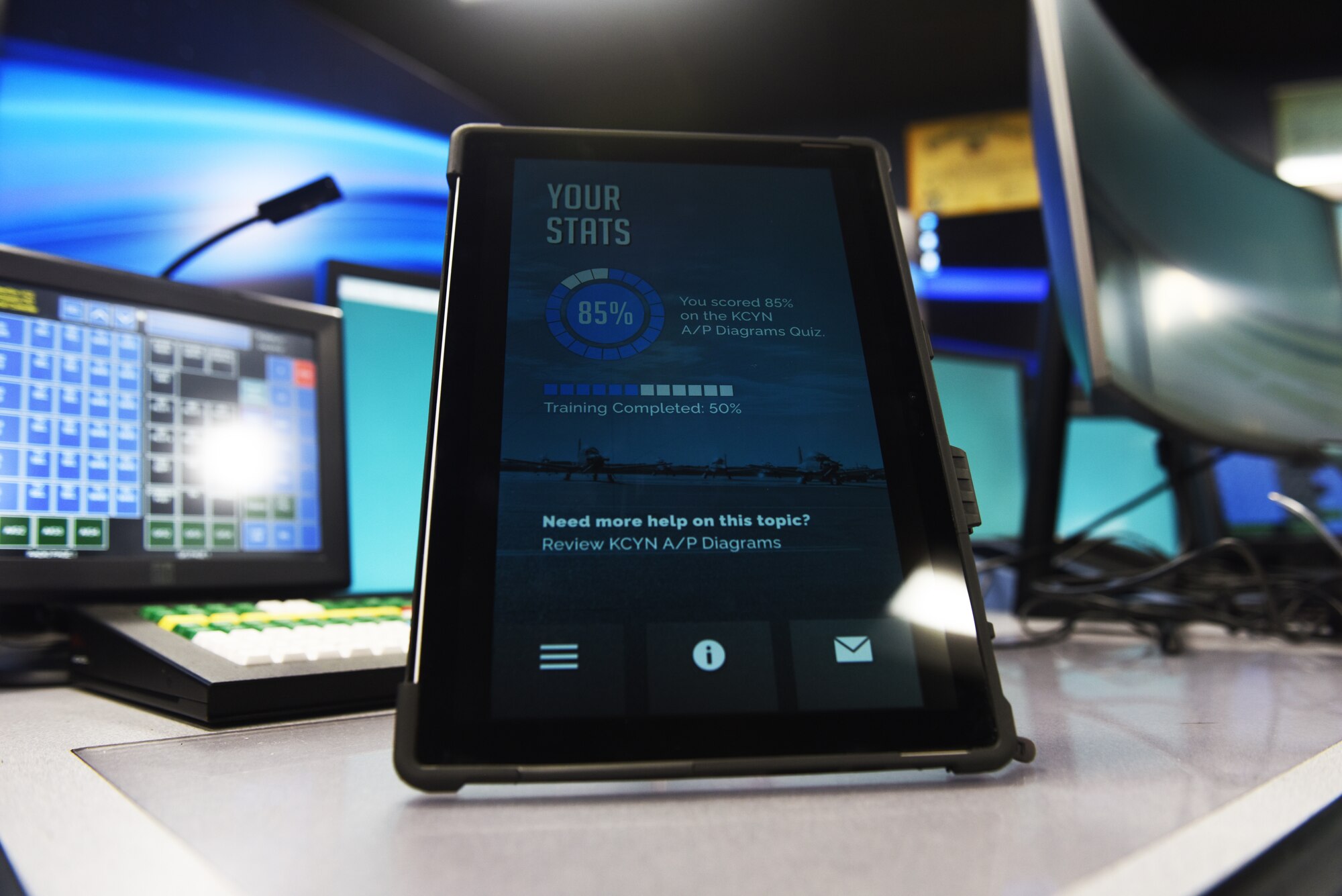A tablet showcasing the Pocket App program is displayed inside of Cody Hall at Keesler Air Force Base, Mississippi, March 15, 2021. The team first created the app to help future Air Traffic Control students study outside of class and hope to achieve funding through the Spark Tank program. (U.S. Air Force photo by Airman 1st Class Jasmine Galloway)