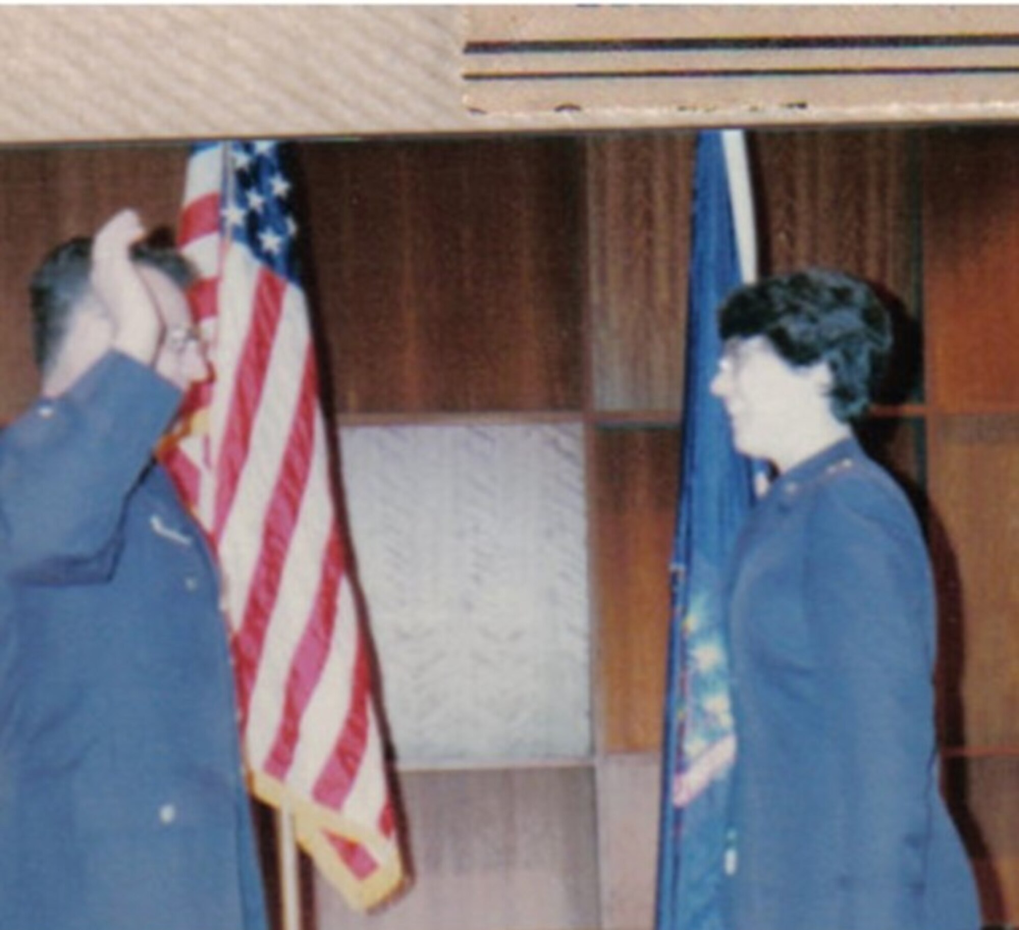 2nd Lieutenant Heidi Hellauer (Heidi Bullock) is sworn in by her father after being commissioned into the U.S. Air Force May 1985.