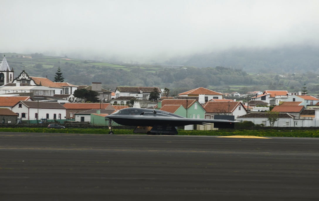 Three B-2 Spirit stealth bombers, assigned to Whiteman Air Force Base, Missouri, arrive at  Lajes Field, Azores, for a bomber task force mission, March 16, 2021. Strategic bomber missions are conducted periodically to enhance the readiness necessary to respond to challenges around the world.