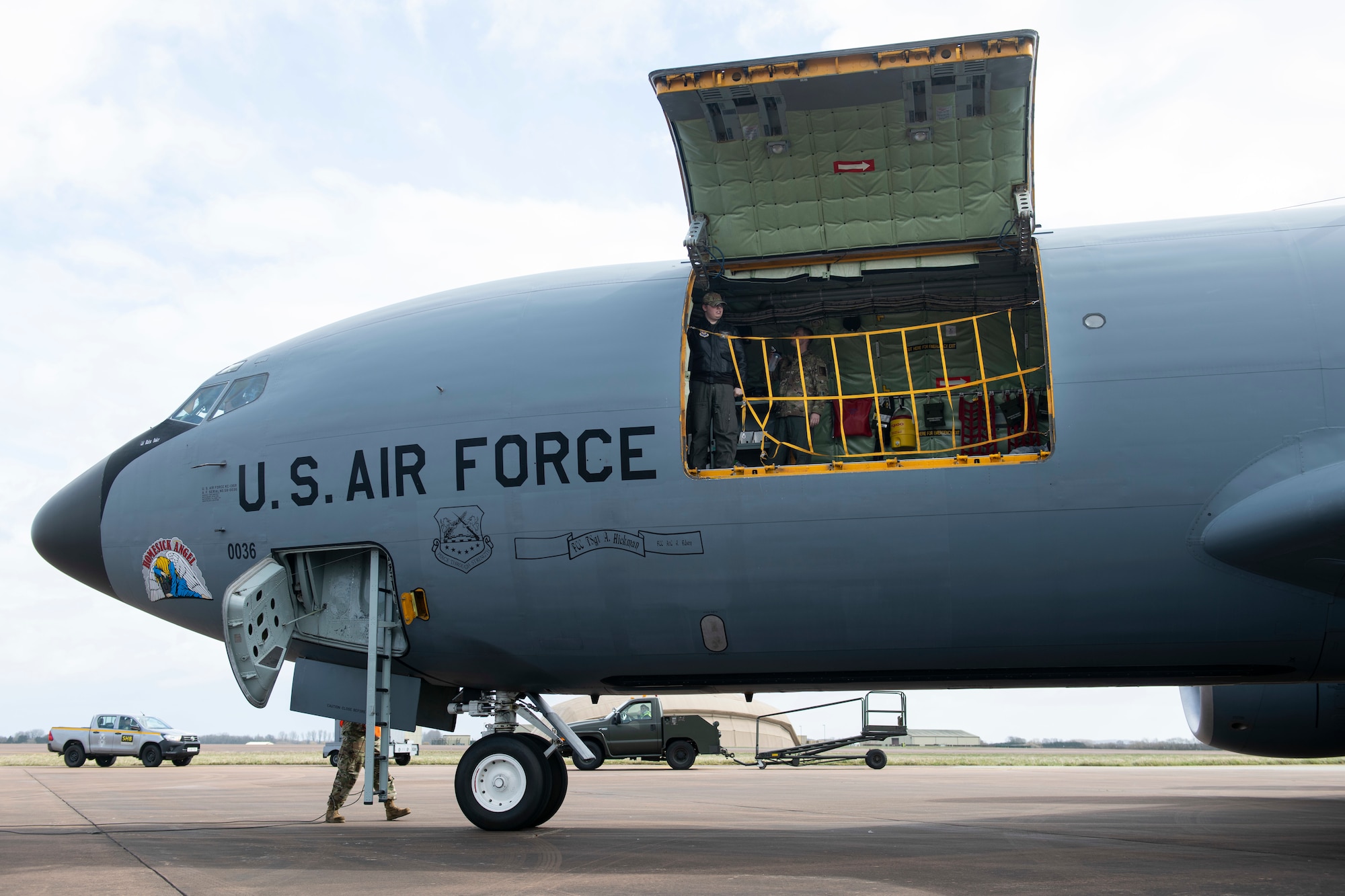 A U.S. Air Force KC-135 Stratotanker aircraft assigned to the 100th Air Refueling Wing, lands at Royal Air Force Fairford, England, during the Baltic Trident Exercise, March 15, 2021. U.S. forces in Europe continuously strengthen our alliances and partnerships to create a networked security architecture capable of deterring aggression and maintaining stability. (U.S. Air Force photo by Senior Airman Jennifer Zima)