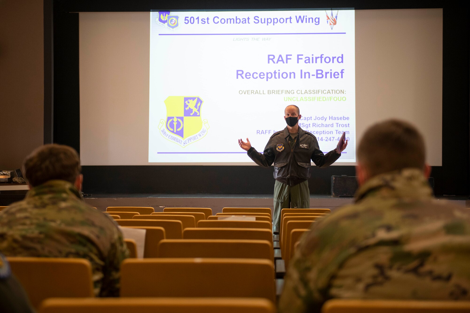 U.S. Air Force Lt. Col. Joseph Knothe, 420th Air Base Squadron commander, welcomes Airmen from the 100th Air Refueling Wing to Royal Air Force Fairford, England, during the Baltic Trident Exercise, March 15, 2021. U.S. forces in Europe remain committed to collective defense and cooperative security alongside European allies and partners. (U.S. Air Force photo by Senior Airman Jennifer Zima)