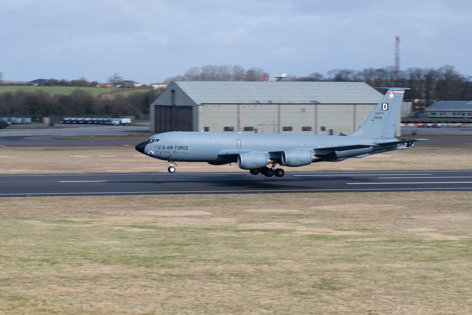 A U.S. Air Force KC-135 Stratotanker aircraft assigned to the 100th Air Refueling Wing, lands at Royal Air Force Fairford, England, during the Baltic Trident Exercise, March 15, 2021. U.S. forces in Europe continuously strengthen our alliances and partnerships to create a networked security architecture capable of deterring aggression and maintaining stability. (U.S. Air Force photo by Senior Airman Jennifer Zima)