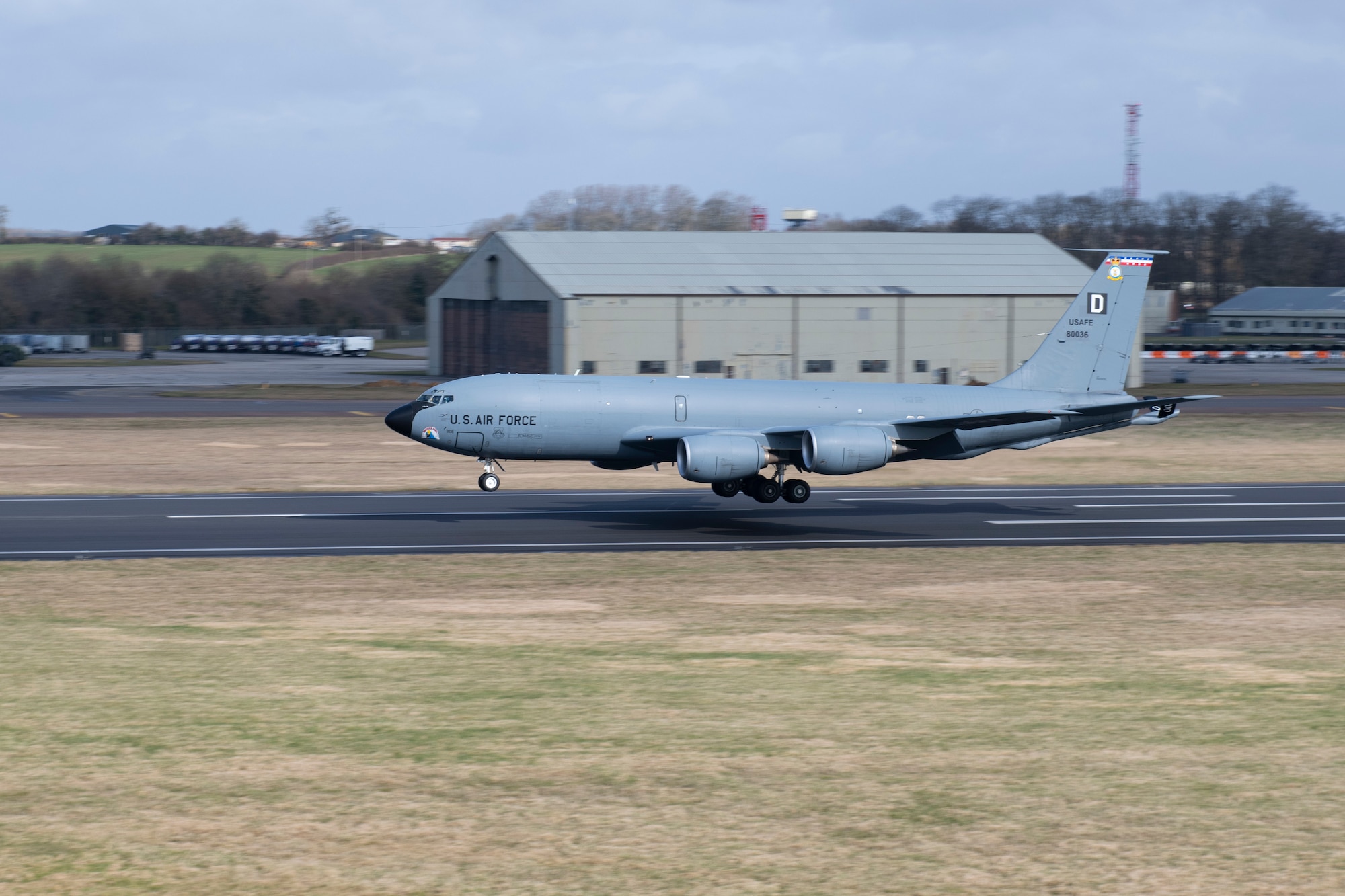 A U.S. Air Force KC-135 Stratotanker aircraft assigned to the 100th Air Refueling Wing, lands at Royal Air Force Fairford, England, during the Baltic Trident Exercise, March 15, 2021. U.S. forces in Europe continuously strengthen our alliances and partnerships to create a networked security architecture capable of deterring aggression and maintaining stability. (U.S. Air Force photo by Senior Airman Jennifer Zima)