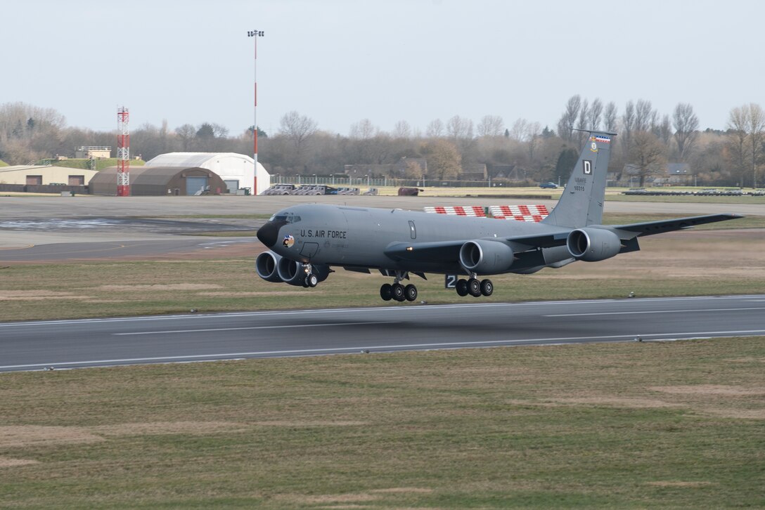 A U.S. Air Force KC-135 Stratotanker aircraft assigned to the 100th Air Refueling Wing, lands at Royal Air Force Fairford, England, during the Baltic Trident Exercise, March 15, 2021. U.S. forces in Europe continuously strengthen our alliances and partnerships to create a networked security architecture capable of deterring aggression and maintaining stability. (U.S. Air Force photo by Senior Airman Jennifer Zima)