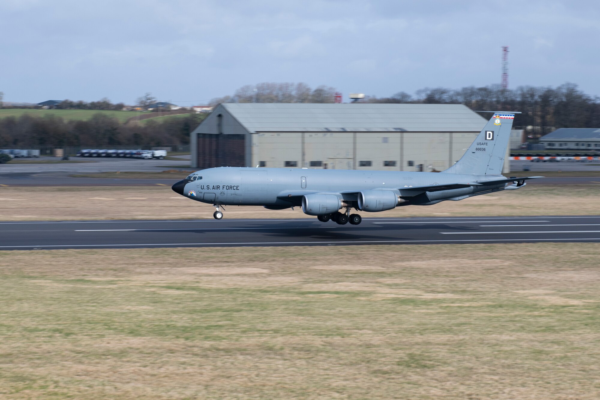 A U.S. Air Force KC-135 Stratotanker aircraft assigned to the 100th Air Refueling Wing, lands at Royal Air Force Fairford, England, during the Baltic Trident Exercise, March 15, 2021. U.S. forces in Europe continuously strengthen our alliances and partnerships to create a networked security architecture capable of deterring aggression and maintaining stability. (U.S. Air Force photo by Senior Airman Jennifer Zima)