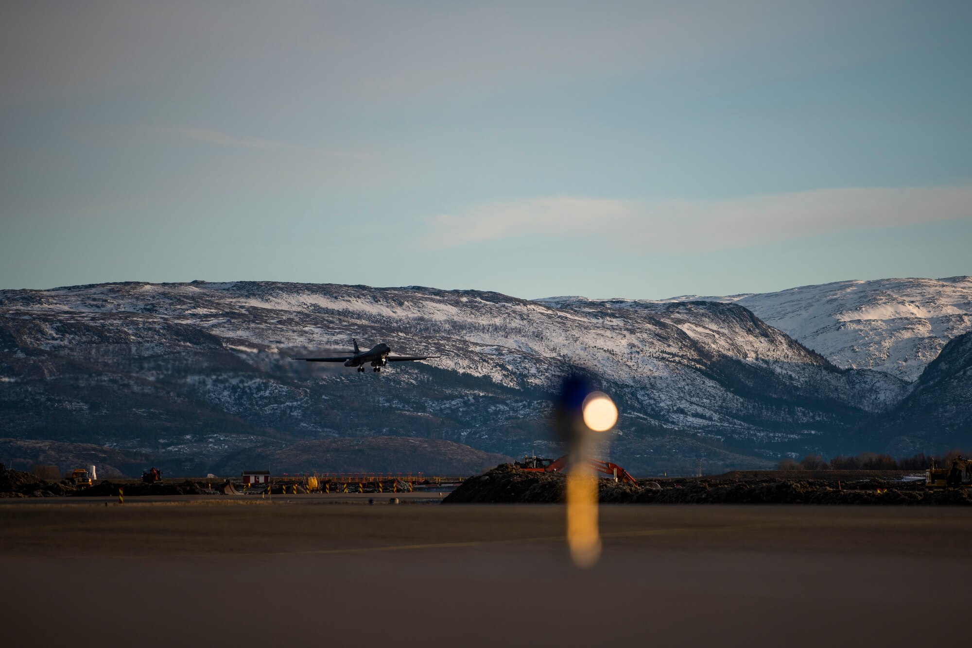 A B-1B Lancer assigned to the 9th Expeditionary Bomb Squadron prepares to land at Ørland Air Force Station, Norway, March 14, 2021. The 9th EBS operated out of Ørland AFS, Norway where they conducted a series of Bomber Task Force Europe training missions. These bomber missions are representative of the U.S. commitment to our allies and enhancing regional security. (U.S. Air Force photo by Airman 1st Class Colin Hollowell)