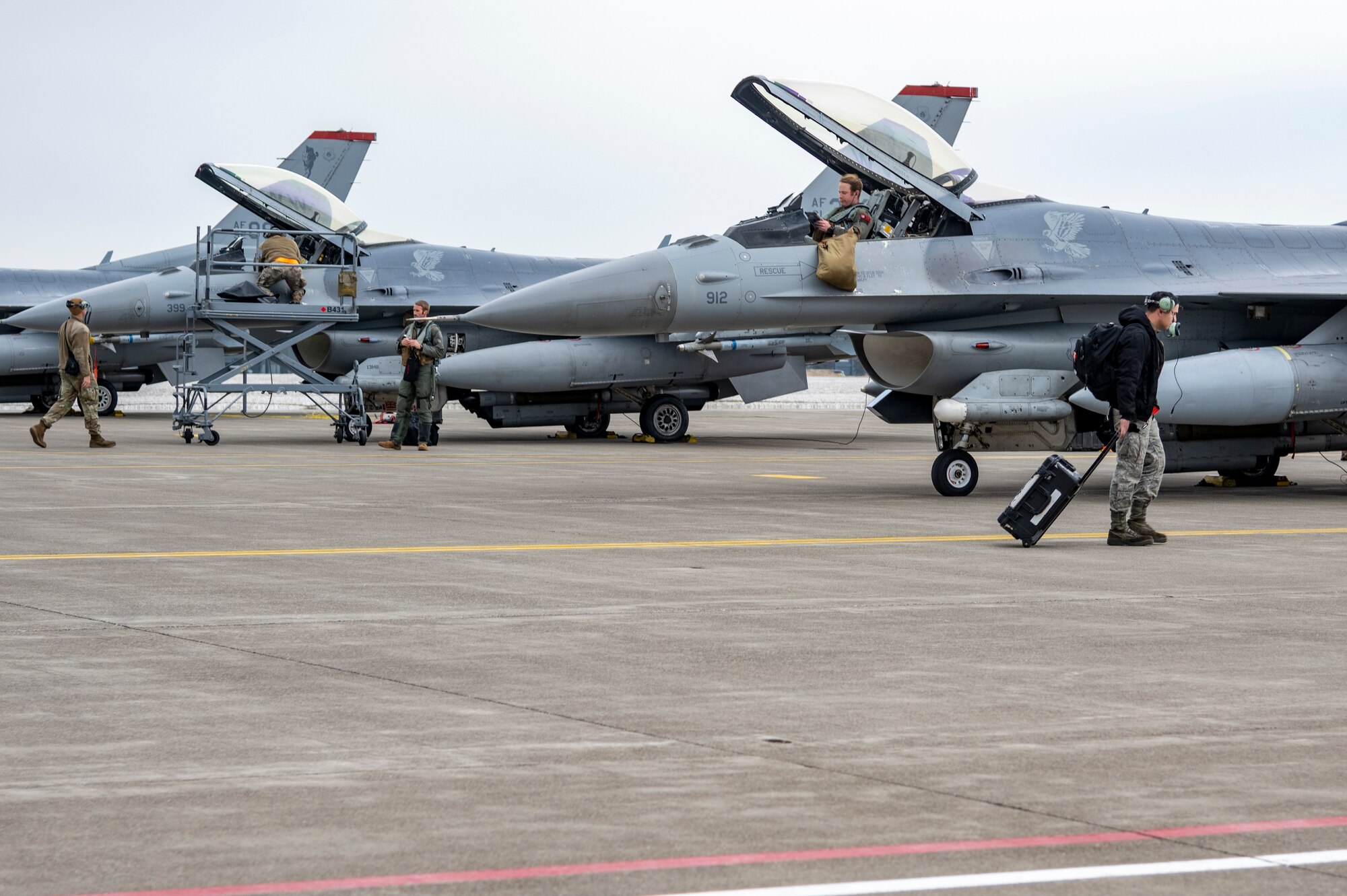 Six 13th Fighter Squadron F-16 Fighting Falcons and a crew of 45 Airmen from various squadrons simulated a mock deployment to an “austere” environment on the south ramp of the flightline. The designated location, which is not regularly used and not optimized for advanced operations, was utilized during a weeklong Agile Combat Employment (ACE) training exercise aimed at enhancing Multi-Capable Airmen’s (MCA) skillset at Misawa Air Base, Japan, 15 through 19 March.