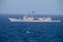 210314-N-JC800-1023 RED SEA (March 14, 2021) - Egyptian guided-missile frigate ENS Sharm El Sheikh (FFG 901) maneuvers alongside amphibious transport dock ship USS Somerset (LPD 25), not pictured, during a passing exercise in the Red Sea, March 14. Somerset, part of the Makin island Amphibious Ready Group, and the 15th Marine Expeditionary Unit are deployed to the U.S. 5th Fleet area of operations in support of naval operations to ensure maritime stability and security in the Central Region, connecting the Mediterranean and Pacific through the western Indian Ocean and three strategic choke points. (U.S. Navy photo by Mass Communication Specialist 2nd Class Heath Zeigler)