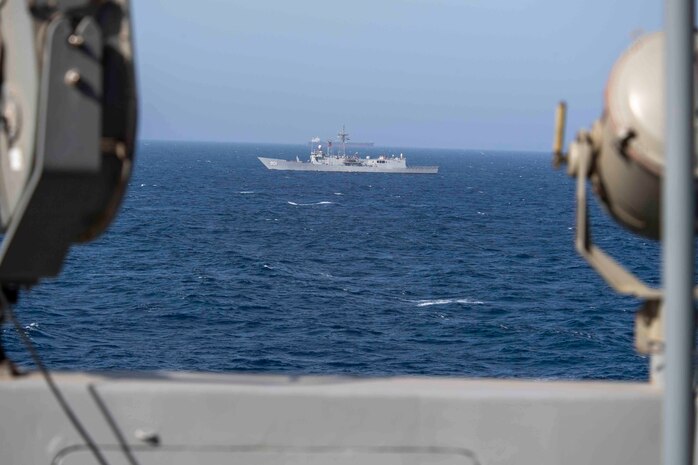 210314-N-JC800-1029 RED SEA (March 14, 2021) - Egyptian guided-missile frigate ENS Sharm El Sheikh (FFG 901) maneuvers alongside amphibious transport dock ship USS Somerset (LPD 25) during a passing exercise in the Red Sea, March 14. Somerset, part of the Makin island Amphibious Ready Group, and the 15th Marine Expeditionary Unit are deployed to the U.S. 5th Fleet area of operations in support of naval operations to ensure maritime stability and security in the Central Region, connecting the Mediterranean and Pacific through the western Indian Ocean and three strategic choke points. (U.S. Navy photo by Mass Communication Specialist 2nd Class Heath Zeigler)