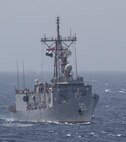 210314-N-JC800-1161 RED SEA (March 14, 2021) - Egyptian guided-missile frigate ENS Sharm El Sheikh (FFG 901) transits alongside amphibious transport dock ship USS Somerset (LPD 25), not pictured, during a passing exercise in the Red Sea, March 14. Somerset, part of the Makin island Amphibious Ready Group, and the 15th Marine Expeditionary Unit are deployed to the U.S. 5th Fleet area of operations in support of naval operations to ensure maritime stability and security in the Central Region, connecting the Mediterranean and Pacific through the western Indian Ocean and three strategic choke points. (U.S. Navy photo by Mass Communication Specialist 2nd Class Heath Zeigler)