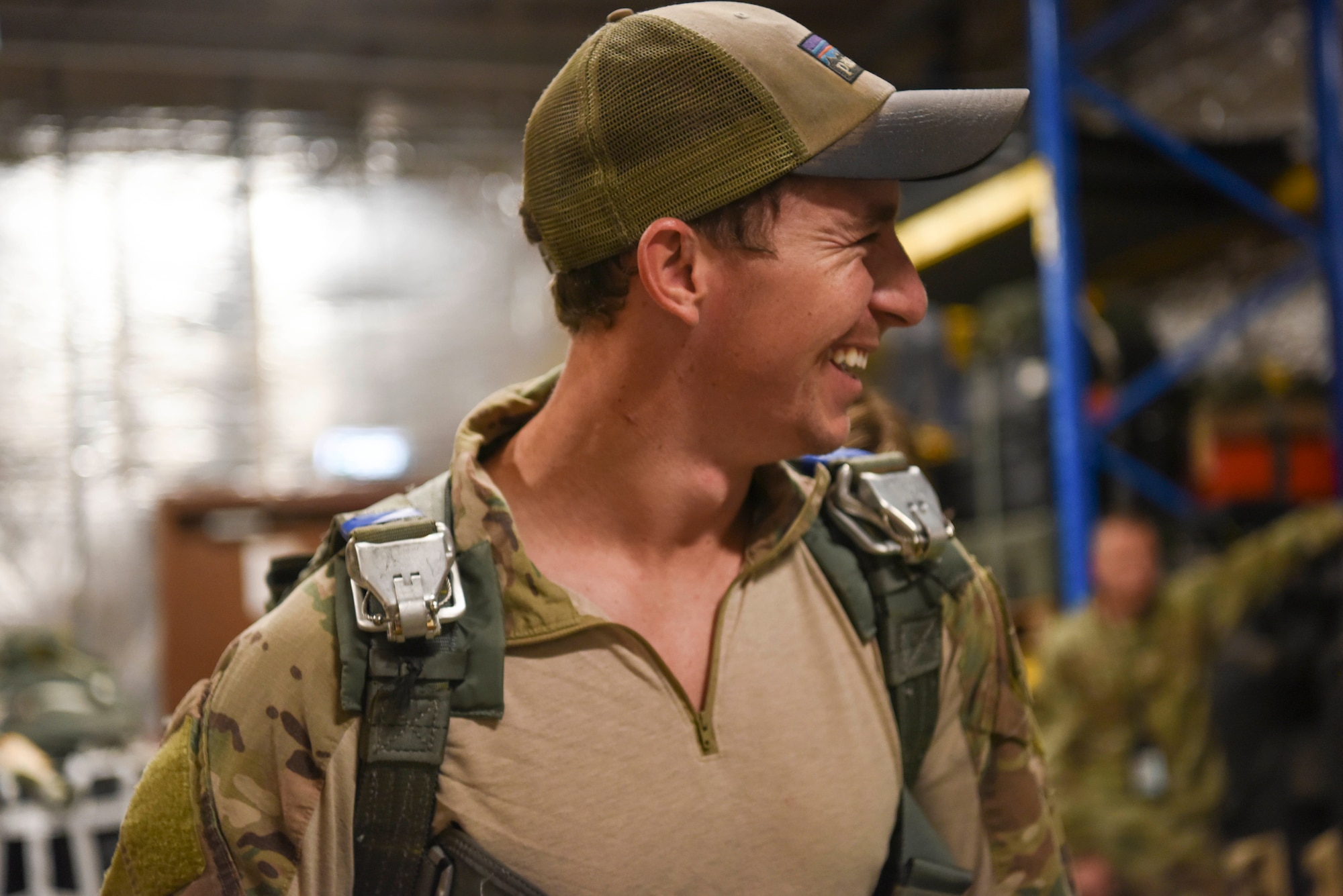 A U.S. Air Force pararescueman from the 82nd Expeditionary Rescue Squadron, waits to get his parachute rig checked at Camp Lemonnier, Djibouti, March 16, 2021.