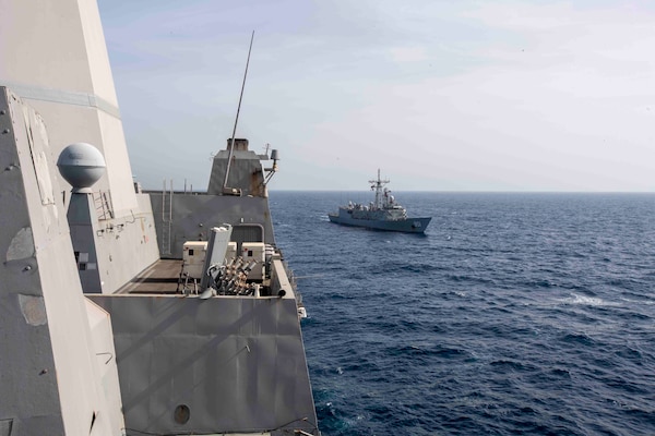 210314-N-JC800-1400 RED SEA (March 14, 2021) – U.S. Navy Capt. Dave Kurtz, commanding officer of amphibious transport dock ship USS Somerset (LPD 25), observes Egyptian guided-missile frigate ENS Sharm El Sheikh (FFG 901) during a passing exercise in the Red Sea, March 14. Somerset, part of the Makin island Amphibious Ready Group, and the 15th Marine Expeditionary Unit are deployed to the U.S. 5th Fleet area of operations in support of naval operations to ensure maritime stability and security in the Central Region, connecting the Mediterranean and Pacific through the western Indian Ocean and three strategic choke points. (U.S. Navy photo by Mass Communication Specialist 2nd Class Heath Zeigler)