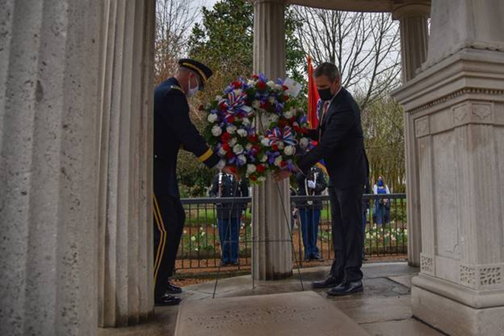 Gov. Bill Lee and Maj. Gen. Jeff Holmes, Tennessee’s adjutant general, place a wreath at the tomb of former President Andrew Jackson, on what would have been his 254th birthday, at The Hermitage in Hermitage, Tenn., March 15, 2021. Every year a wreath is placed at the tomb of the seventh president of the United States, honoring his service to his country and celebrating his life.