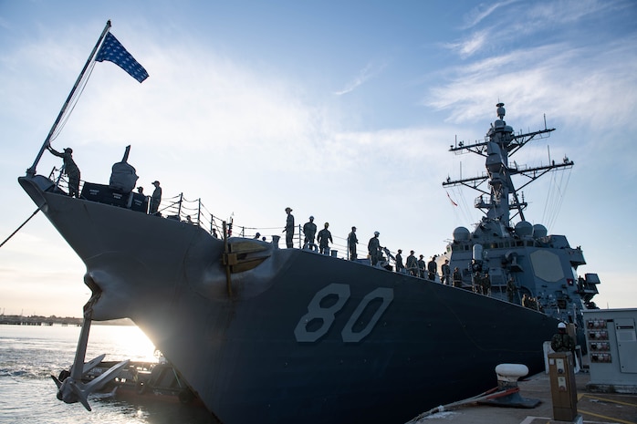 200419-N-CE622-0085 
ROTA, Spain (April 19, 2020) -- The Arleigh Burke-class guided-missile destroyer USS Roosevelt (DDG 80) arrives at Naval Station Rota as part of its homeport shift, April 19, 2020. Roosevelt replaces USS Carney (DDG 64) as one of four forward deployed naval forces (FDNF) in Spain. Named in honor of President Franklin D. Roosevelt and his wife Eleanor, Roosevelt will be the first Flight IIA Arleigh Burke-class guided-missile destroyer stationed in Rota, providing the ability to deploy with two embarked Lamps MK III MH-60B Sea Hawk helicopters.