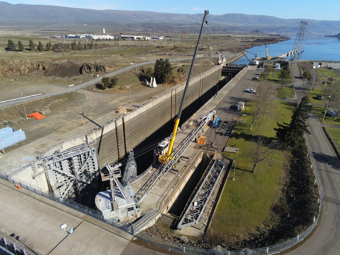 Aerial imagery taken March 15 offers a view from above The Dalles Dam navigation lock, where technicians found cracking in the downstream miter gate during inspections.
