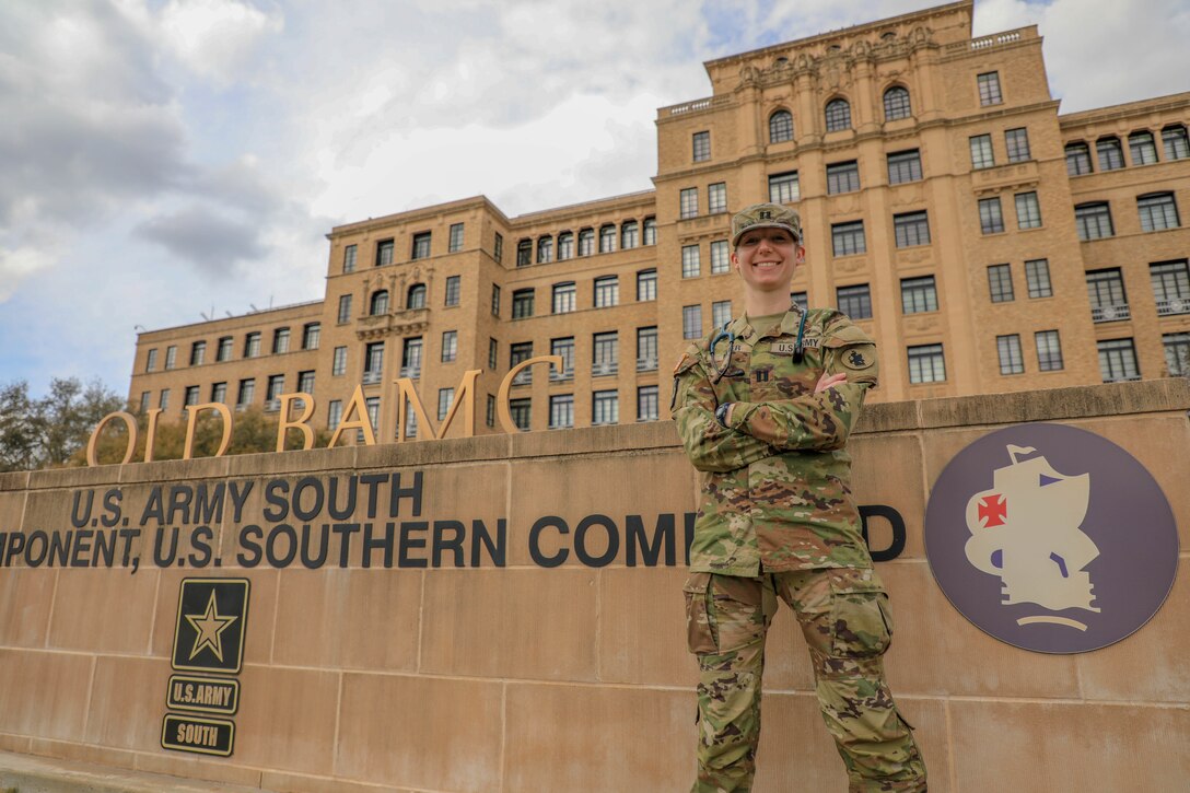 U.S. Army Capt. Heather A. Meier, physician assistant at U.S. Army South Headquarters and Headquarters Battalion, stands in front of U.S. Army South Headquarters on Joint Base San Antonio – Fort Sam Houston, Texas, March 8, 2021. Meier’s military career was highlighted for Women’s History Month. (U.S. Army photo by Pfc. Joshua Taeckens)