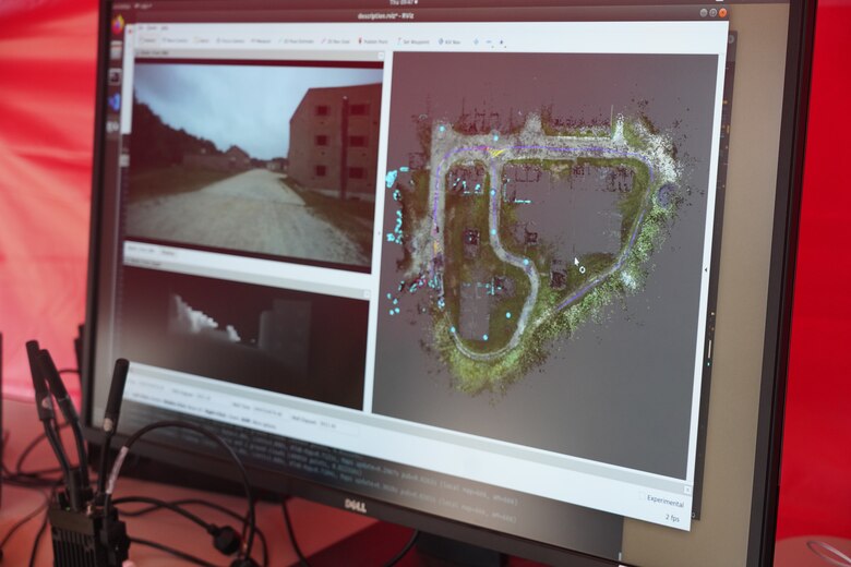 Computer display of the Robotics for Engineer Operations (REO) researchers’ workstation during the Maneuver Support, Sustainment, Protection Integration Experiment demonstration at Fort Leonard Wood, Missouri, Sept. 16, 2020. On the left side of the screen is the 360-degree camera angle and feedback from the site characterization platform. The right side of the screen shows the near real-time 3D model of the environment. The U.S. Army Engineer Research and Development Center created this capability to capture terrain information, obstacles and other relevant engineering data that is utilized to launch and monitor unmanned missions. (U.S. Army Corps of Engineers photo)