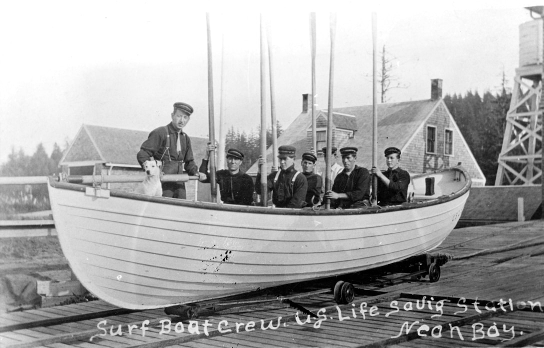 Life-saving crew on a surfboat at Neah Bay station.