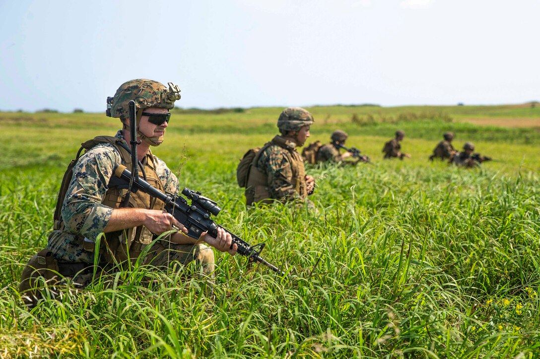 Marines kneel in grass while holding weapons.