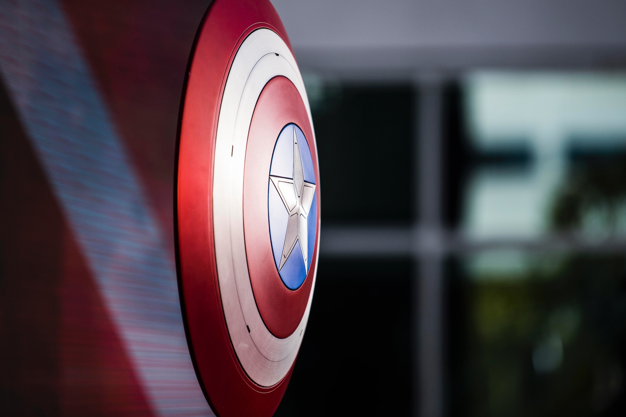 Members of the Space and Missile Systems Center and the 61st Air Base Group had the opportunity to view props from the Marvel universe during the Falcon and The Winter Soldier virtual launch event at Los Angeles Air Force Base, Calif., March 6, 2021. In compliance with Department of Defense and local COVID-19 health and safety precautions, a production team turned the Los Angeles Air Force courtyard into a screening stage complete with high-tech filming equipment and a red carpet. (U.S. Space Force photo by Staff Sgt. Luke Kitterman)