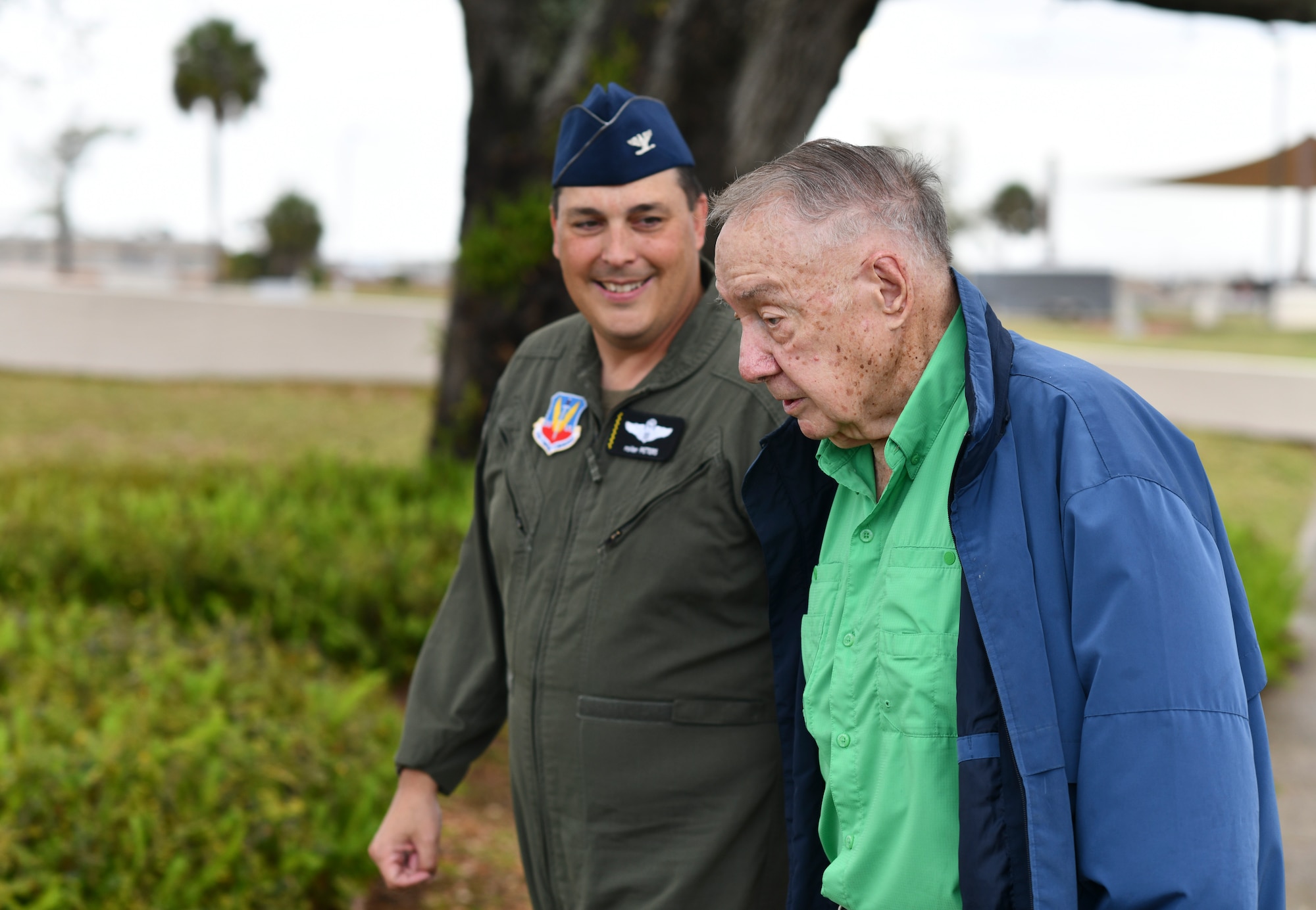 Gen. (ret.) Charles “Chuck” Horner (right), walks with U.S. Air Force Col. Christopher Peters, 325th Fighter Wing vice commander (right), at Tyndall Air Force Base, Florida, March 18, 2021. Horner visited Tyndall to talk with leadership and reminisce about his service here in the 1980s. (U.S. Air Force photo by Staff Sgt. Stefan Alvarez)