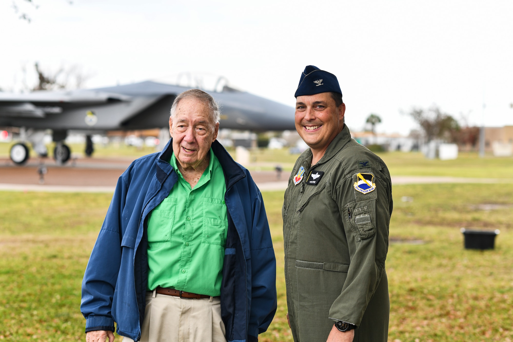 Gen. (ret.) Charles “Chuck” Horner (left), poses for a photo with U.S. Air Force Col. Christopher Peters, 325th Fighter Wing vice commander (right), at Tyndall Air Force Base, Florida, March 18, 2021. Horner visited Tyndall to talk with leadership and reminisce about his service here in the 1980s. (U.S. Air Force photo by Staff Sgt. Stefan Alvarez)(U.S. Air Force photo by Staff Sgt. Stefan Alvarez)