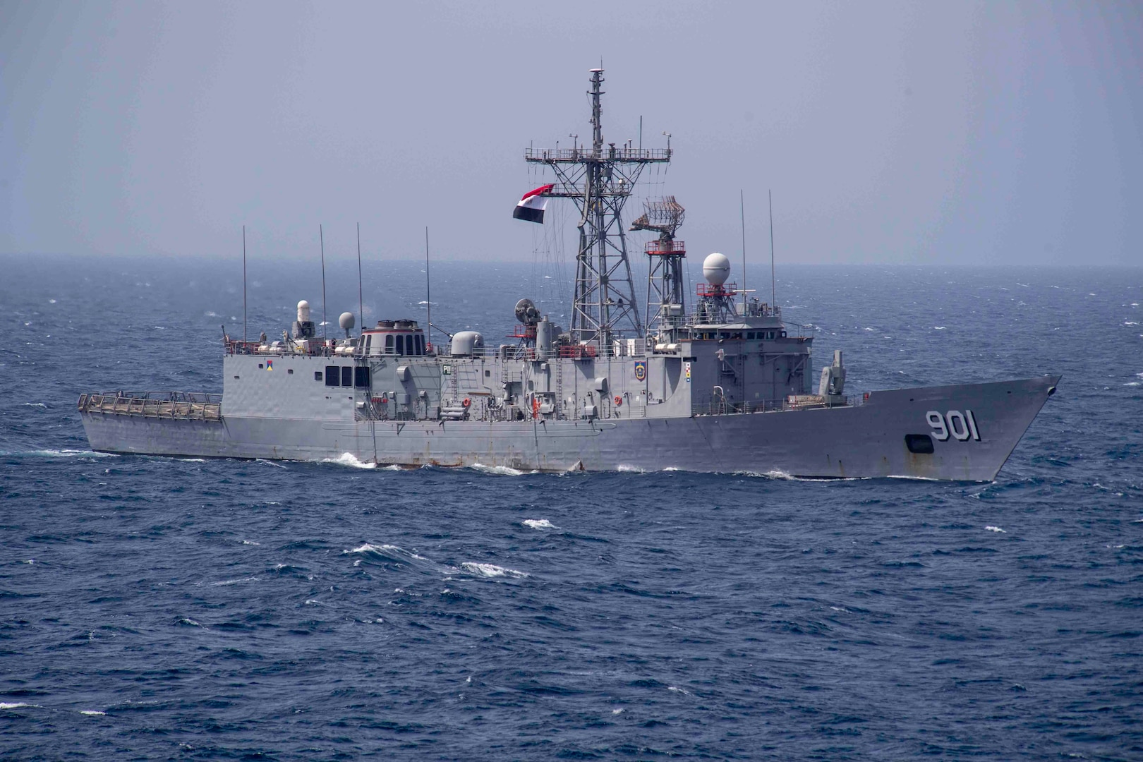 210314-N-JC800-1400 RED SEA (March 14, 2021) – U.S. Navy Capt. Dave Kurtz, commanding officer of amphibious transport dock ship USS Somerset (LPD 25), observes Egyptian guided-missile frigate ENS Sharm El Sheikh (FFG 901) during a passing exercise in the Red Sea, March 14. Somerset, part of the Makin island Amphibious Ready Group, and the 15th Marine Expeditionary Unit are deployed to the U.S. 5th Fleet area of operations in support of naval operations to ensure maritime stability and security in the Central Region, connecting the Mediterranean and Pacific through the western Indian Ocean and three strategic choke points. (U.S. Navy photo by Mass Communication Specialist 2nd Class Heath Zeigler)