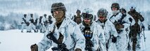 U.S. Marines with Marine Rotational Force-Europe 21.1, Marine Forces Europe and Africa, hike through snow during a cold weather live-fire training event in preparation for Exercise Reindeer II in Setermoen, Norway, Nov. 20, 2020. Reindeer II is a bilateral training exercise hosted by the Norwegian military to increase support capabilities between NATO allies in extreme conditions. (U.S. Marine Corps photo by Cpl. William Chockey)