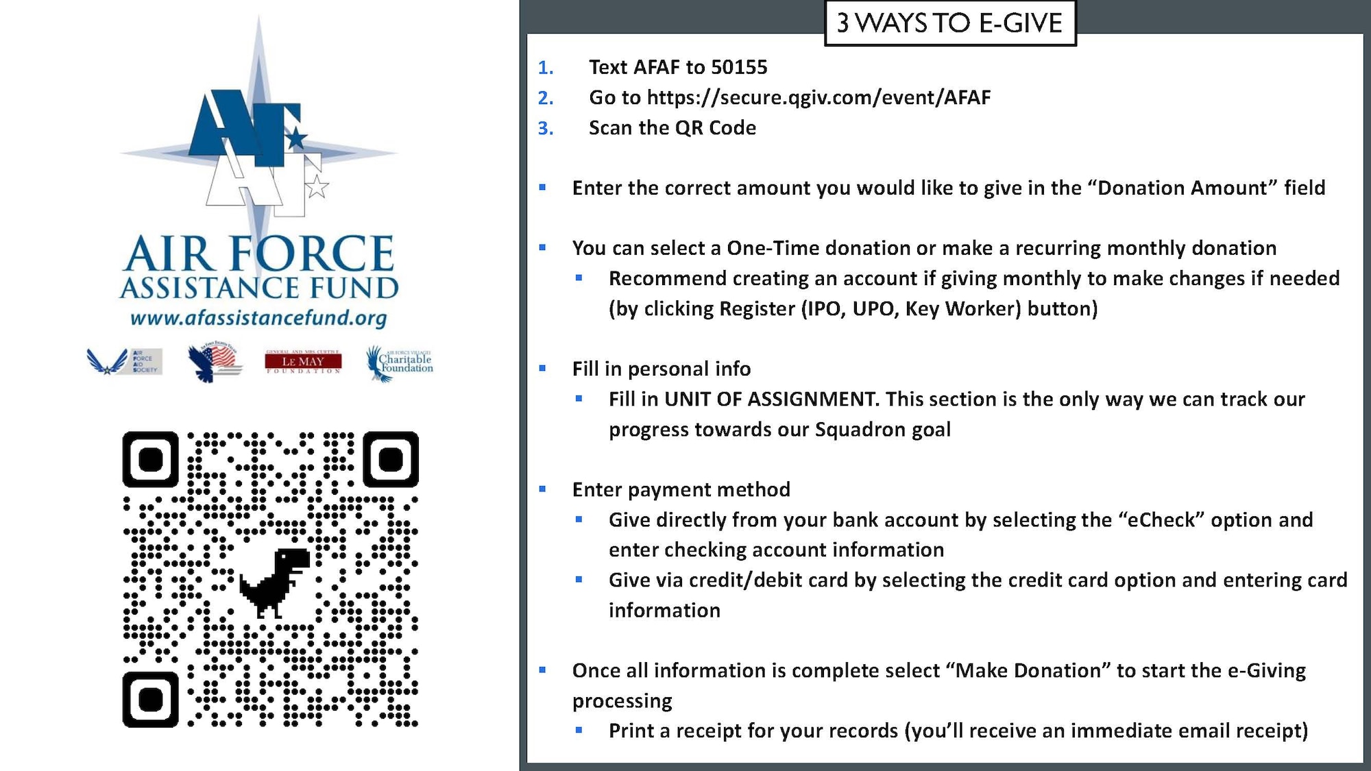 The Air Force Assistance Fund began at McChord Field March 15 and will last through April 23. Currently, there are three ways to donate. The first and preferred method is through e-giving. To donate electronically, donors can text “AFAF” to 50155 or visit https://secure.qgiv.com/event/afaf/team/873061/. People can also donate by payroll deduction plans and through cash or check. (Courtesy Graphic)