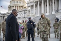 U.S. Secretary of Defense Lloyd J. Austin III meets with U.S. Army Maj. Gen. William J. Walker, commanding general, District of Columbia National Guard, and senior leaders at the U.S. Capitol in Washington, D.C. Jan. 29, 2021. The National Guard has been requested to continue supporting federal law enforcement agencies with security, communications, medical evacuation, logistics, and safety support to district, state, and federal agencies through mid-March. (U.S. Army National Guard photo by Staff Sgt. Erica Jaros)