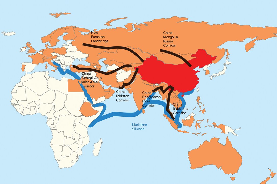 China in red, transport corridors in blue and black and in orange, members of the AIIB (Asian Infrastructure Investment
Bank). (WIKIPEDIA, October 23, 2020)