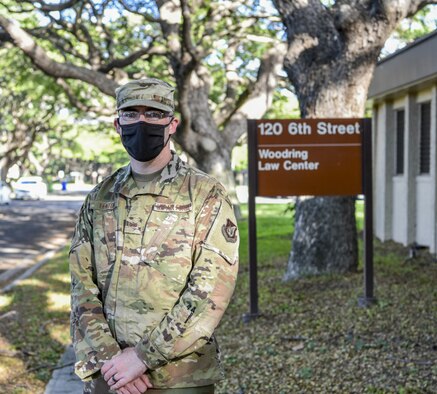 Staff Sgt. Bradley Fenton, 15th Wing Staff Judge Advocate military justice paralegal, was selected to be the U.S. Air Force’s first ever selectee for the Enlisted-Funded Legal Education Program by Maj. Gen. Charles L. Plummer, Air Force deputy judge advocate general, at Joint Base Pearl Harbor-Hickam, Hawaii, Feb. 26, 2021. Due to COVID-19, the recognition ceremony was conducted virtually within the Centers for Disease Control and Prevention guidelines and restrictions. (U.S. Air Force photo by Tech. Sgt. Anthony Nelson Jr.)