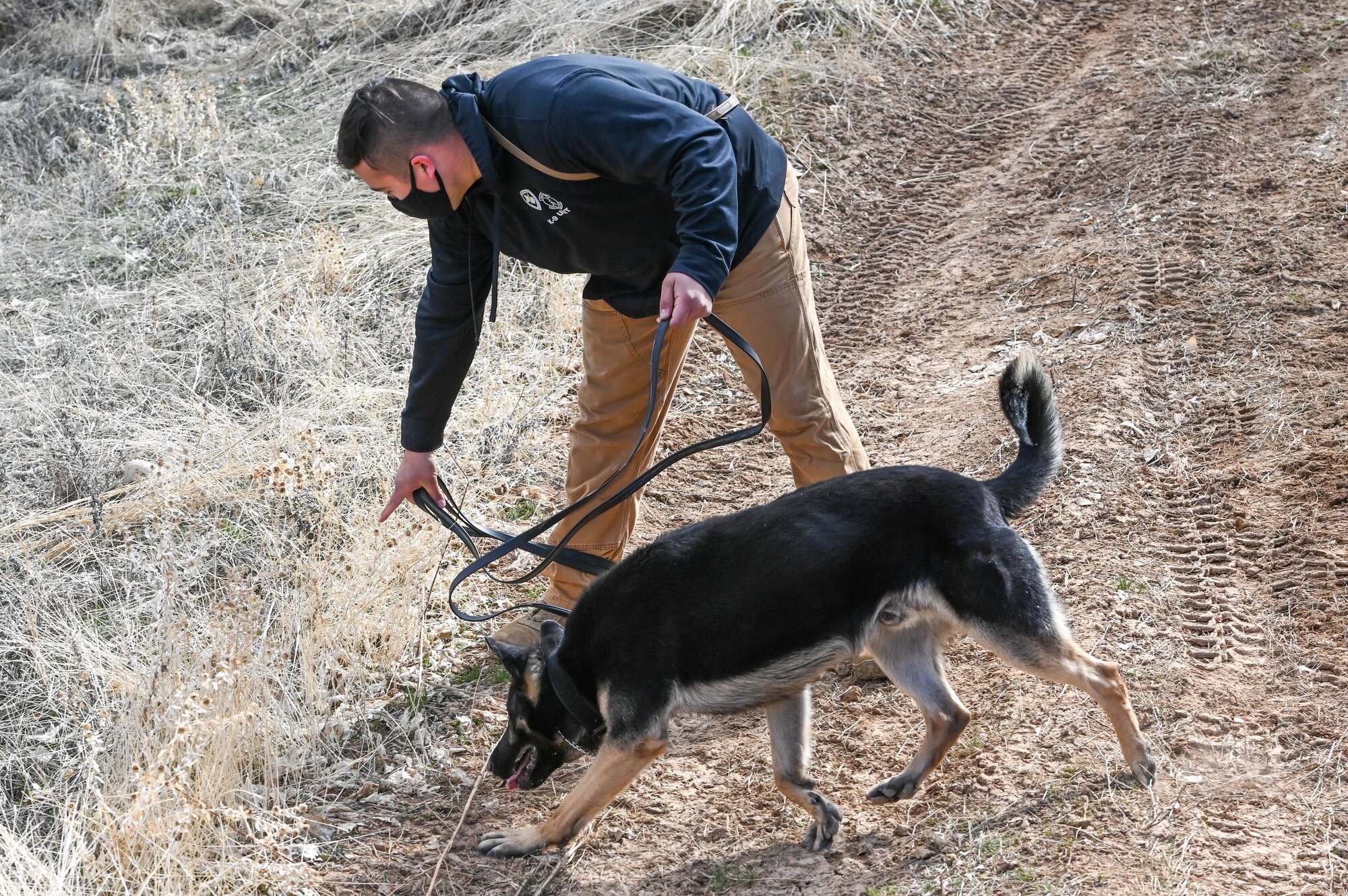 Staff Sgt. Juan Reyes and Military Working Dog Fules, 75th Security Forces Squadron, search for explosive making materials during training March 10, 2021, at Hill Air Force Base, Utah. (U.S. Air Force photo by Cynthia Griggs)