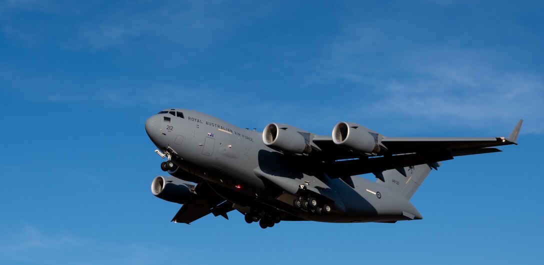 A Royal Australian Air Force C-17 Globemaster III prepares to land at Dover Air Force Base, Del., March 13, 2021. The U.S. and Australia maintain a robust relationship underpinned by shared democratic values, common interests and cultural bonds. The U.S.–Australia alliance is an anchor for peace and stability in the Indo-Pacific region and around the world.