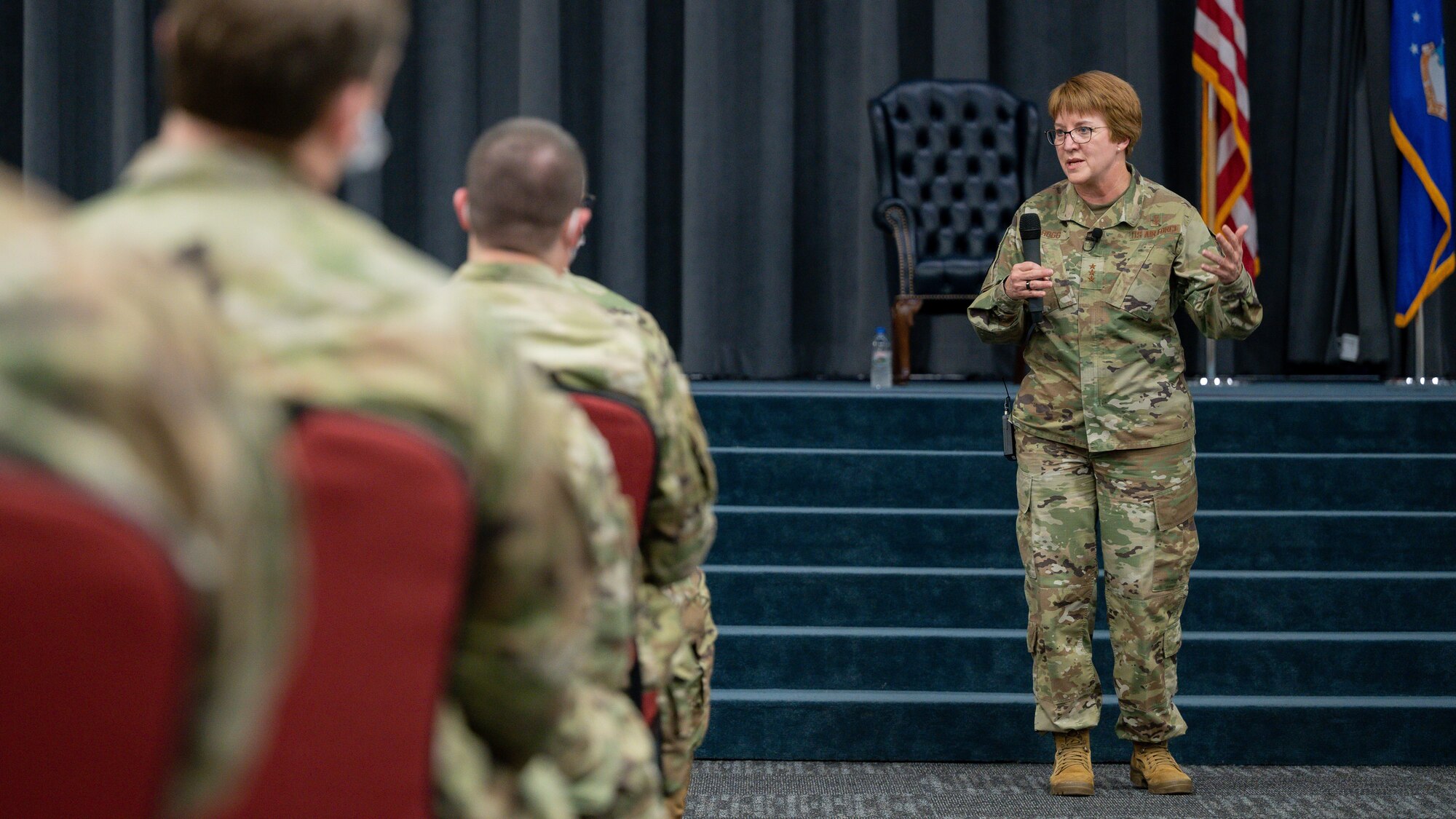 Lt. Gen. Dorothy Hogg, U.S. Air Force surgeon general, speaks during a 2nd Medical Group all-call at Barksdale Air Force Base, Louisiana, March 10, 2021.