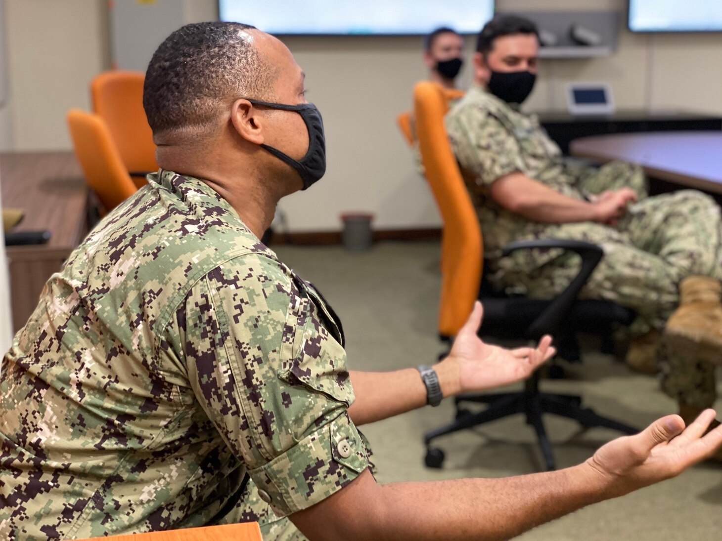 Senior Chief Gas Turbine Systems Technician Mark Wiggan, assigned to Commander, Destroyer Squadron Seven (DESRON 7), participates in a Navy-wide stand-down to address extremism in the ranks. DESRON 7 serves as the primary tactical and operational commander of littoral combat ships rotationally deployed to Southeast Asia, builds partnerships through training exercises and military-to-military engagements, and supports Expeditionary and Littoral warfighting commanders.