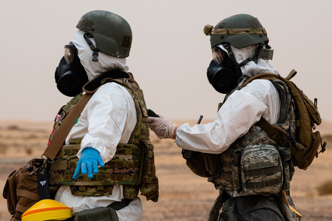 Airmen from the 378th Expeditionary Civil Engineer Squadron emergency management flight recently participated in a hazardous materials exercise at Prince Sultan Air Base, Kingdom of Saudi Arabia.